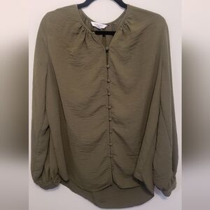 Olive Button Up Long Sleeve Blouse